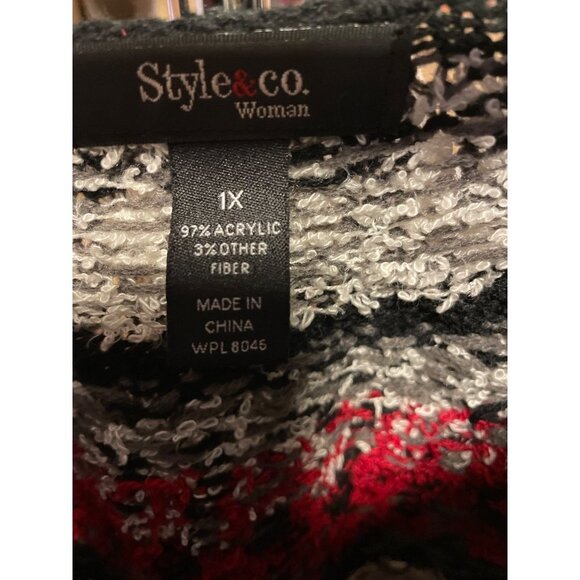 Style & Co Black Red Patterned Round Neck Bishop Sleeve Knit Sweater Sz 1X - Picture 6 of 10